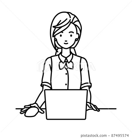 A woman in a clerk uniform sitting at a desk and using a PC 87495574
