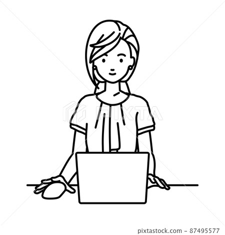 Office casual woman sitting at a desk and using a PC Office casual woman sitting at a desk and using a PC 87495577