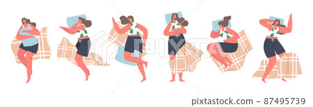 Female Character Sleeping Poses, Girl Lying in Bed in Various Comfortable Positions Top View. Woman Bedtime, Nighttime Female Character Sleeping Poses, Girl Lying in Bed in Various Comfortable Positions Top View. Woman Bedtime, Nighttime 87495739
