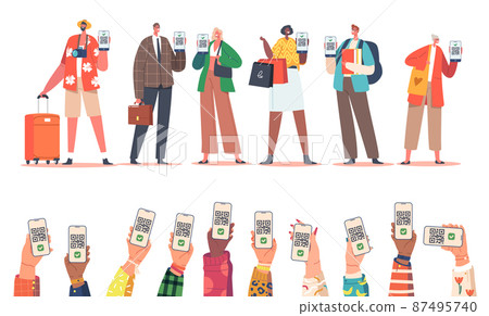 Human Hands with Telephones and Qrcode. People Show Certificates with Qr Code on Device Screen. Vaccinated Men and Women Human Hands with Telephones and Qrcode. People Show Certificates with Qr Code on Device Screen. Vaccinated Men and Women 87495740