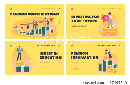 Pension Contributions Landing Page Template Set. Retirement Profit Concept. Baby, Kid, Student, Married and Seniors Pension Contributions Landing Page Template Set. Retirement Profit Concept. Baby, Kid, Student, Married and Seniors 87495743