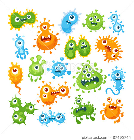 Set of Cartoon Viruses, Bacteria and Germs Characters with Funny Faces. Smiling Pathogen Microbe Monsters with Big Eyes 87495744