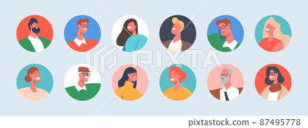 Set of People Avatars, Kids, Senior, Young and Mature Men or Women Portraits in Round Icons. Male and Female Characters 87495778
