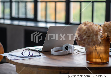 Freelance Desk with laptop. Distance education. Quarantine, self-isolation, sociophobia. Online learning, teleworking Freelance Desk with laptop. Distance education. Quarantine, self-isolation, sociophobia. Online learning, teleworking 87495978