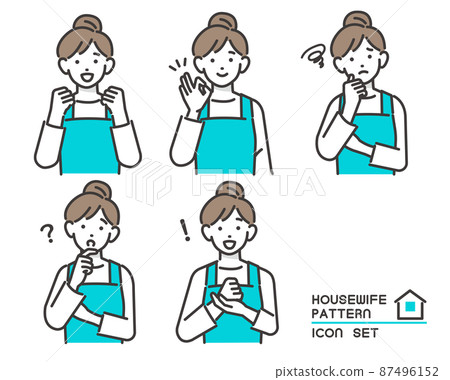 Vector illustration material / housework / of a housewife (nursery teacher, housekeeping agent) wearing an apron who takes various facial expressions and poses 87496152