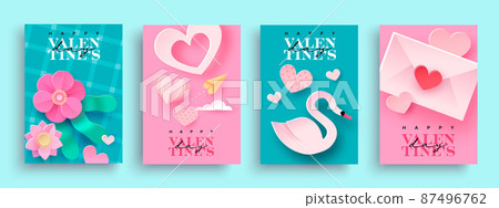 Valentine's Day paper cut flower, heart and greeting card 87496762