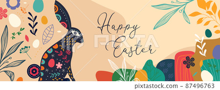 Happy Easter vintage folk art rabbit spring banner 87496763