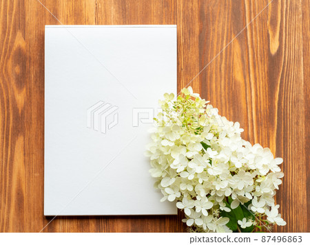 Billboard with blank sheet for notes and white flower hydrangeain abstract blank wooden background. Notebook with empty space. 87496863