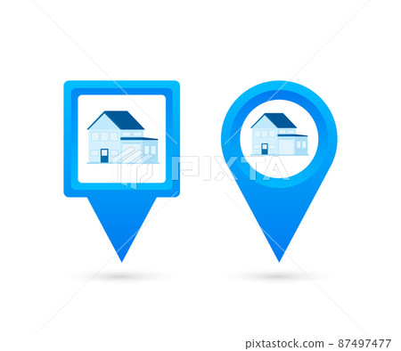 Map pointer with House. Pin Point Home. Vector stock illustration. 87497477