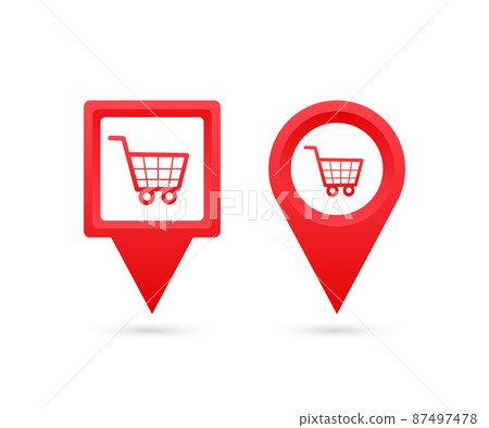 Map pointer with store. Pin Point Shop. Vector stock illustration. 87497478