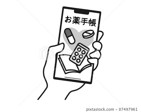 Electronic medicine notebook Medicine notebook Illustration monochrome displaying and checking the application on the smartphone held in the left hand 87497961