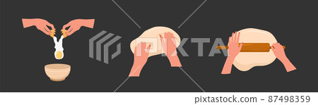 Kneading dough hands. Woman mixing ingredients in bowl and rolls homemade dough with rolling pin. Top view. Stay home and cook healthy food by recipe. Vector illustration in flat cartoon style 87498359