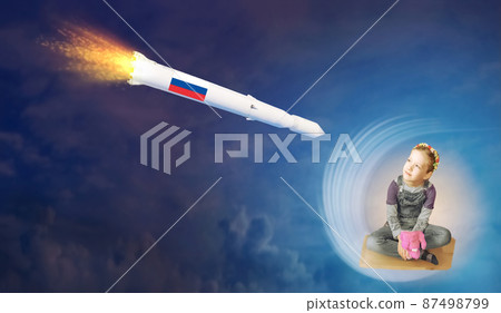 Stop the war in Ukraine concept. No war, no Russian aggression. Collage with little girl and rocket 87498799