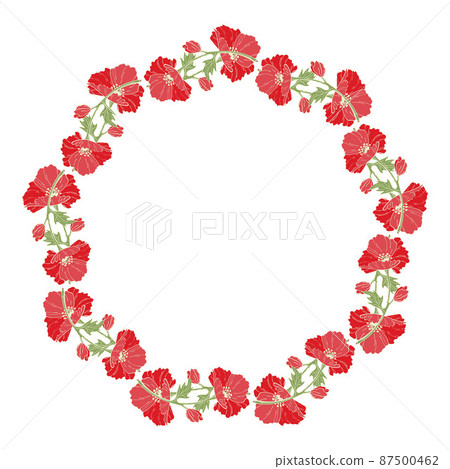 Poppy wreath. Flowers, buds and leaves of poppy in the form of a circle. Hand drawn color vector illustration for your design. Poppy wreath. Flowers, buds and leaves of poppy in the form of a circle. Hand drawn color vector illustration for your design. 87500462