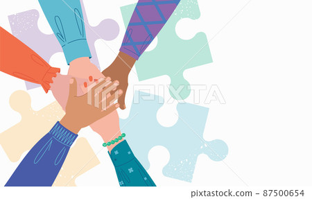 People putting their hands together. Unity and support gesture. Concept of support, teamwork and cooperation. Flat vector illustration. 87500654