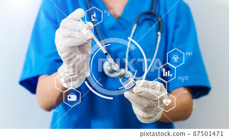 COVID-19 vaccine in researcher hands, female doctor holds syringe and bottle with vaccine for coronavirus cure. 87501471