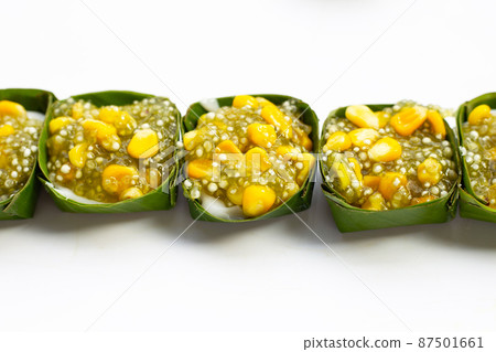 Thai dessert coconut pudding with tapioca pearl or sago and corn 87501661