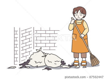 Woman in an apron cleaning the messed up garbage dump B [color / with walls] 87502447