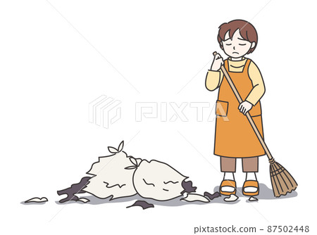 Woman in an apron cleaning the messed up garbage dump B [Color / No wall] 87502448