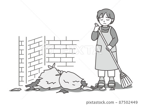 Woman in an apron cleaning the messed up garbage dump B [single color / with walls] 87502449