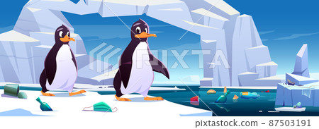Penguins on ice floe with garbage float in ocean Penguins on ice floe with garbage float in ocean 87503191