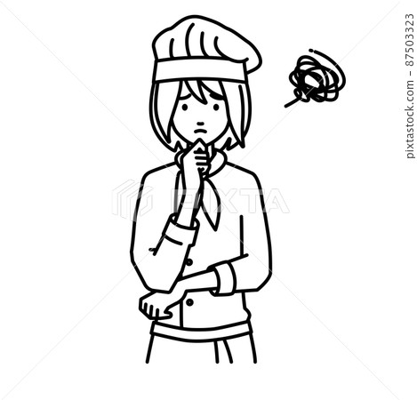 一個無法站立並將手放在下巴上的廚師女人 一個無法站立並將手放在下巴上的廚師女人 87503323