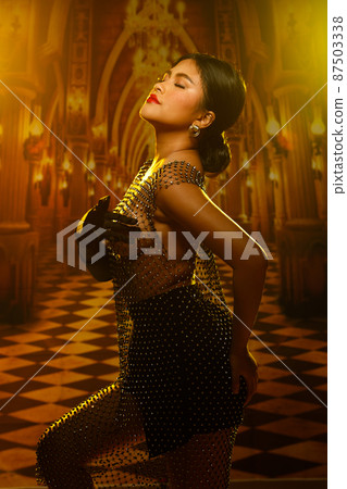 Sexy Asian 20s woman with beautiful freckles face and chubby body wear crystal sensual sparkle dress Sexy Asian 20s woman with beautiful freckles face and chubby body wear crystal sensual sparkle dress 87503338
