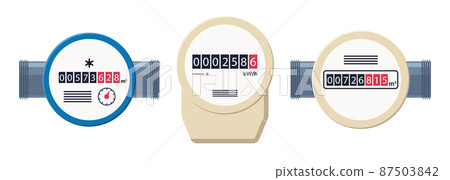 Gas, water and electric meters. Industrial and household meters set. Fuel, water and electricity consumption control. Gas counter. Collection of flat vector illustrations isolated on white background Gas, water and electric meters. Industrial and household meters set. Fuel, water and electricity consumption control. Gas counter. Collection of flat vector illustrations isolated on white background 87503842