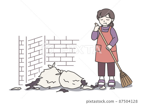 一個穿著圍裙的女人正在清理一個凌亂的垃圾場 C [顏色/帶牆壁] 87504128