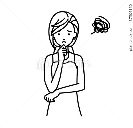 A woman in a dress who is in trouble standing and putting her hand on her chin 87504160