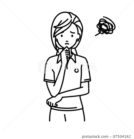 A woman in a polo shirt standing and putting her hand on her chin 87504162