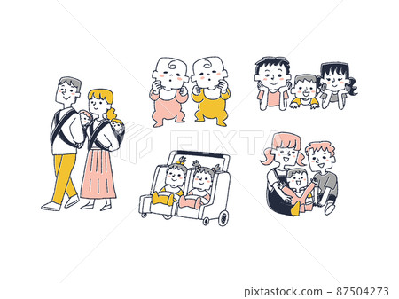 A set of twin and sibling babies, a comical handwritten person vector, and simple coloring of line drawings. A set of twin and sibling babies, a comical handwritten person vector, and simple coloring of line drawings. 87504273