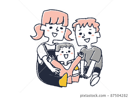 三個兄弟姐妹是好朋友,一個滑稽的手寫人,一個矢量和簡單的線條圖著色。 三個兄弟姐妹是好朋友,一個滑稽的手寫人,一個矢量和簡單的線條圖著色。 87504282