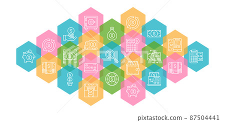 Money and Banking web page banner. Credit Card, Currency Exchange, Atm, Terminal line icons concept isolated on white background. 87504441
