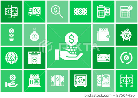 Money and Banking icons set. Credit Card, Currency Exchange, Atm, Terminal vector illustration for advertisement, header banner, website. 87504450