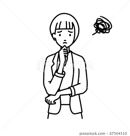 一個穿夾克的女人站著把手放在下巴上有問題 一個穿夾克的女人站著把手放在下巴上有問題 87504510