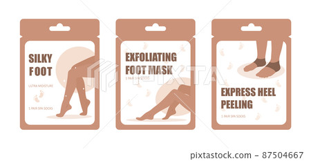 Foot mask collection. Skin care concept. Wax for moisturizing feet. Morning routine. Bath time. Hand drawn beauty product for Spa. Vector illustration in flat cartoon style 87504667