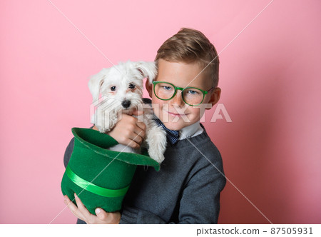 Funny little boy with green hat with little white dog on St. Patrick's Day celebration party. Kid in green glasses embrace animal pet. Happy funny school boy Funny little boy with green hat with little white dog on St. Patrick's Day celebration party. Kid in green glasses embrace animal pet. Happy funny school boy 87505931
