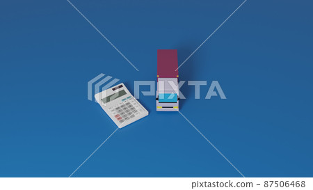 Photorealistic illustrations of truck toys placed on a flat surface and CG of a calculator Photorealistic illustrations of truck toys placed on a flat surface and CG of a calculator 87506468