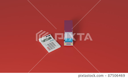 Photorealistic illustrations of truck toys placed on a flat surface and CG of a calculator Photorealistic illustrations of truck toys placed on a flat surface and CG of a calculator 87506469
