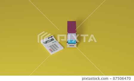Photorealistic illustrations of truck toys placed on a flat surface and CG of a calculator Photorealistic illustrations of truck toys placed on a flat surface and CG of a calculator 87506470