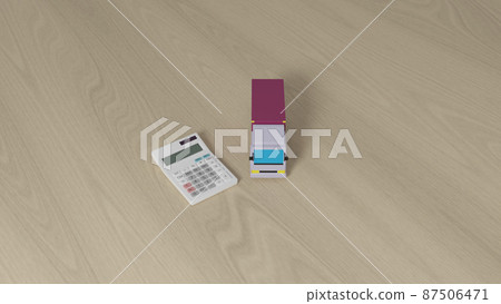 Photorealistic illustrations of truck toys placed on a flat surface and CG of a calculator Photorealistic illustrations of truck toys placed on a flat surface and CG of a calculator 87506471
