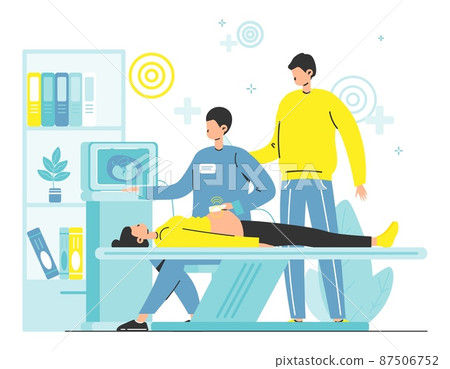 Doctor performing abdominal ultrasound to pregnant woman. Pregnancy ultrasound scan, checkup, sonography test, vector. 87506752