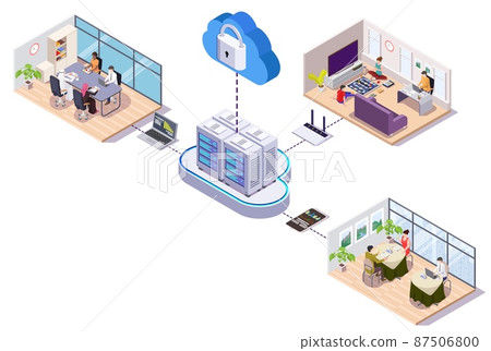 Connected to cloud storage people work at office, home, cafe. Remote work, data storage, vector isometric illustration. Connected to cloud storage people work at office, home, cafe. Remote work, data storage, vector isometric illustration. 87506800