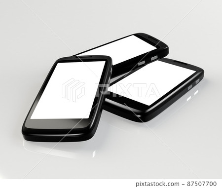 Blank screens on smartphones. Shot of three smartphones with blank screens for copyspace. 87507700