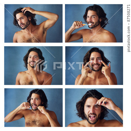 Getting through his grooming routine. Composite shot of a handsome young man grooming himself against a blue background. Getting through his grooming routine. Composite shot of a handsome young man grooming himself against a blue background. 87508271
