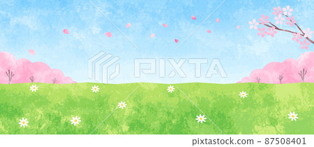 手繪水彩櫻花、田野和天空背景插圖 手繪水彩櫻花、田野和天空背景插圖 87508401