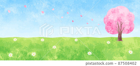 手繪水彩櫻桃樹、田野和天空背景插圖 87508402