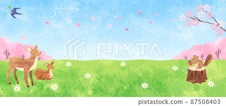 春天田野裡可愛動物的手繪水彩背景插圖（水平）03 87508403
