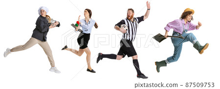 Collage made of running people, cook, farmer, journalist, referee isolated on white studio background. Concept of occupation, diversity, caree, labor. Flyer Collage made of running people, cook, farmer, journalist, referee isolated on white studio background. Concept of occupation, diversity, caree, labor. Flyer 87509753